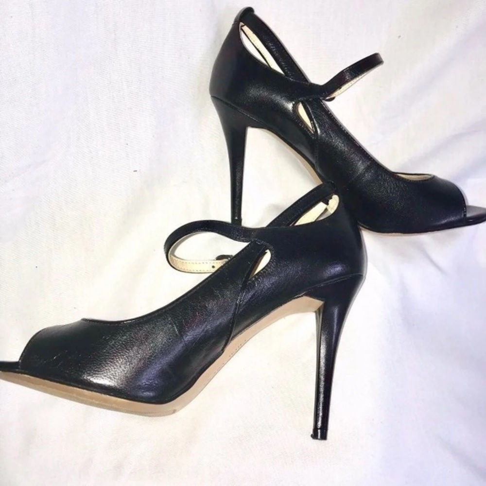 NW Black Leather Open Toe Stilettos -Sz 6.5
